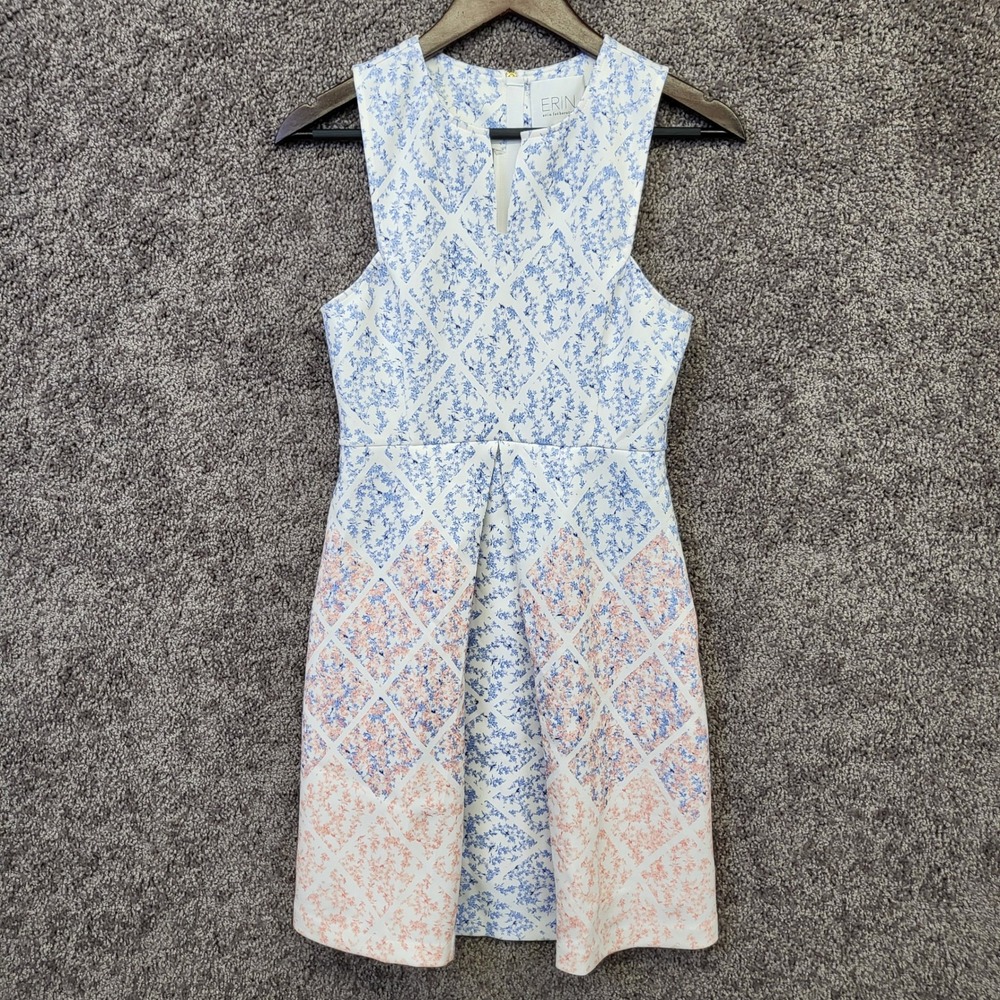 Erin Fetherston Fit Flare Dress Women 4 Blue Peach Floral Lattice V-Neck Exc